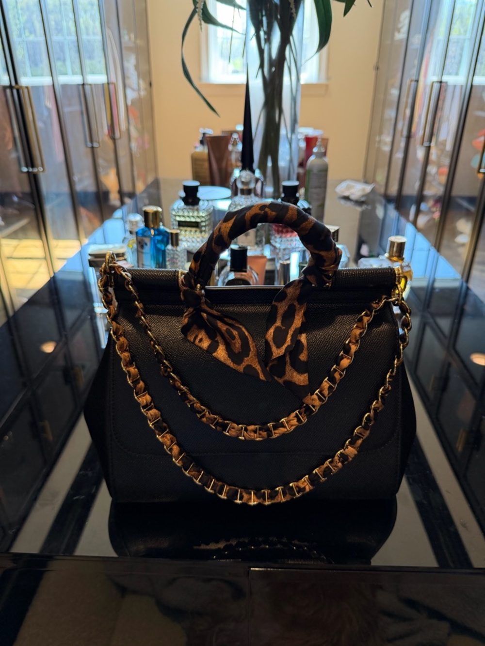 Dolce & Gabbana Black Satchel with Leopard-Print Scarf and Gold Chain Detail